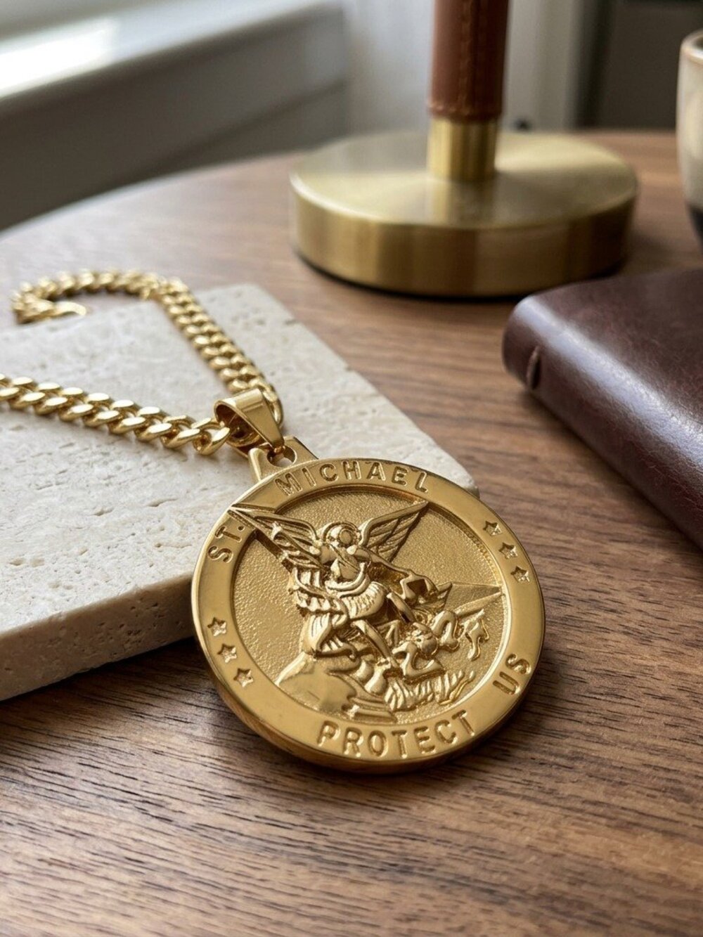 Mens St Michael Necklace Gold Tone Stainless Steel Archangel Medal Pendant